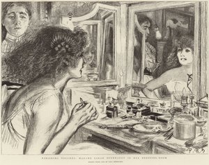 Madame Sarah Bernhardt pukuhuoneessaan (litho) tekijältä Charles Paul (after) Renouard
