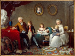 Jean Pierre Dourcet -perhe, joka kuului kuninkaalliseen aatelistoon vallankumouksen aikaan. Liljan kukka asetetaan pöydälle ja kuninkaan ja kuningattaren rintakuvat. Charles Landonin (1760-1826) maalaus 1800-luvulta Grenoble Musee des Beaux Arts