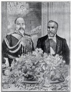 Sydämellinen: Ranskan presidentin Emile Loubetin vierailu Lontooseen - juhla Ranskan suurlähetystössä - kuningas Edward VII ja Loubet - piirtänyt Paul Renouard The Graphic -sanomalehdelle. heinäkuuta 1903. tekijältä Charles Paul Renouard