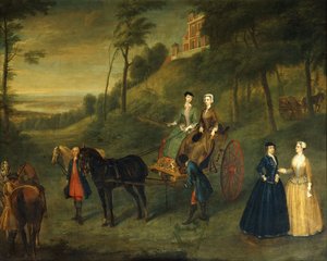 Ladyt ja Maids of Honor Greenwich Parkissa: Ryhmämuotokuva Julianasta, Leedsin herttuattaresta, Lady Charlotte Hamiltonista, Lady Isabella Tuftonista ja Henrietta, Pomfretin kreivitär, kaikki ratsastustapoja, sulhanen ja hevosten kanssa observatorion edess