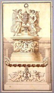 Suunnitelma roomalaisen kenraalin hautamuistomerkkiä varten, noin 1800 (liitu, tussi ja tussi sekä tussi ja pesu paperille). tekijältä Charles Pierre Joseph Normand