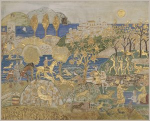 Hill Town, n. 1928 (tempera, grafiitti ja kultalehti leikatussa, gessoidussa paneelissa)