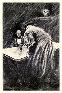 Annatko minun ottaa tämän lasin käteeni" Robert Louis Stevensonin (1850-1894) "Tohtori Jekyllin ja herra Hyden omituisesta tapauksesta", jonka on kuvittanut Charles Raymond Macauley (1871-1934)