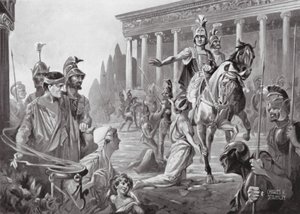 Aleksanteri Theban ryöstön yhteydessä, eKr. 335 (litografia) tekijältä Charles Rebel Stanton