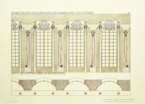 Vastaanotto- ja musiikkihuone, n. 1901 (värilitografia) tekijältä Charles Rennie (after) Mackintosh