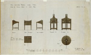 Etu- ja sivukorostuksissa näkyvät kirjoituspöytämallit Ingram Street Tea Roomsille, 1909 tekijältä Charles Rennie Mackintosh