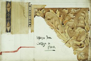 Intarsiapaneeli, Certosa di Pavia, 1891 (lyijykynä ja vesiväri paperille). tekijältä Charles Rennie Mackintosh