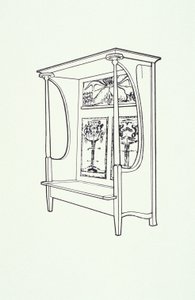 Viivapiirros huonekalusta (kaappi), noin 1910 (tussi paperille). tekijältä Charles Rennie Mackintosh
