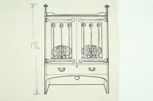 Viivapiirros huonekalusta (pukeutumispöytä), noin 1910 (tussi paperille). tekijältä Charles Rennie Mackintosh