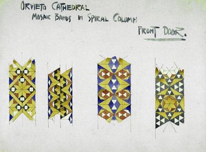 Orvieton katedraali, mosaiikkikaistaleet spiraalipylväässä, etuovi, 1891 (lyijykynä ja akvarelli paperille) tekijältä Charles Rennie Mackintosh