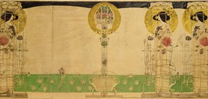 Alustava suunnittelu Miss Cranstonin Buchanan Street Tearoomin ensimmäisen kerroksen huoneen seinämaalaukseen, 18967 (lyijykynä ja wc kuultopaperilla) tekijältä Charles Rennie Mackintosh