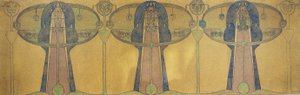 Koristeellinen friisi tyylitellyistä ihmishahmoista, puista ja kasvimuodoista, noin 1895 (lyijykynä ja vesiväri harmaalle taidepaperille). tekijältä Charles Rennie Mackintosh