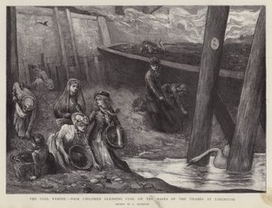 Köyhät lapset poimimassa hiiltä Thames-joen rannalta Limehousessa, Lontoossa (litho) tekijältä Charles Ricketts