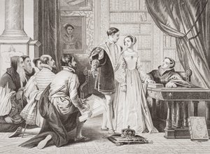 Lady Jane Greyn haluttomuus hyväksyä kruunu, Sion House, 8. heinäkuuta 1553, "Illustrations of English and Scottish History" osasta I tekijältä Charles Robert Leslie