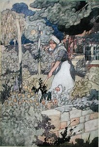 Mökin puutarha, julkaistu 1912 (väri litho) tekijältä Charles Robinson