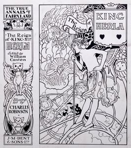 Etukannen kuvitus teokseen The True Annals of Fairyland, The Reign of King Herla, toimittanut William Canton, julkaistu 1900 tekijältä Charles Robinson