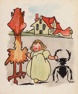 Hölynpölyä: Vauva, lintu ja kovakuoriainen kävelyllä (värilitografia). tekijältä Charles Robinson