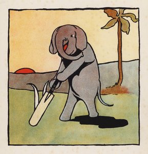 Hölynpölyä: Elefantti pelaa krikettiä (värilitografia). tekijältä Charles Robinson