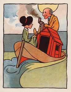 Hölynpölyä: Vanha mies ja hänen tyttärensä kotona veneessä (värilitografia). tekijältä Charles Robinson
