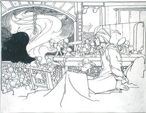 The Furious Host, kuvitus teoksesta "The True Annals of Fairyland - The Reign of the Old King", toimittanut J.M. Gibbon, julkaistu 1901 (kynä, muste ja yksivärinen akvarelli paperille) tekijältä Charles Robinson