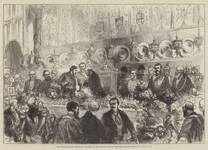 Kansainvälinen kunnallinen juhlatilaisuus Mansion Housessa, lordipormestari läpäisi Loving Cupin