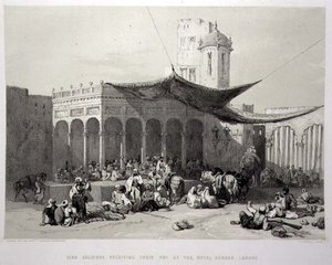 Panjab: Sikh Soldiers Receiving their Pay at Royal Durbar, Lahore, levy 12 julkaisusta "Recollections of India", kaiverrettu James Duffield Harding (1798-1863) 1847 (litho) tekijältä Charles Stewart (after) Hardinge