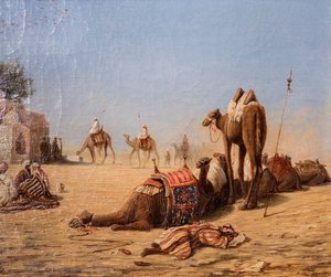 La halte des chameliers au caravanserail (öljy kankaalle) tekijältä Charles Theodore (1814-88) Frere