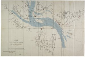 Luonnos Charlestonin sataman puolustuksesta ja kanavista, kesäkuu 1864 (tussi öljykankaalle). tekijältä Charles V. Bartelle