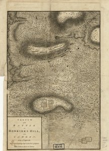 Luonnos Hobkirks Hillin taistelusta, lähellä Camdenia, 25. huhtikuuta 1781, julkaistu Lontoossa, 1794 tekijältä Charles Vallancey