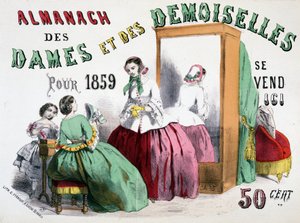 Naisten ja naisten almanachin mainosjuliste vuodelta 1859 (nuoret tytöt puhuvat rättejä jääkaapin edessä), 50 senttiä tekijältä Charles Vernier