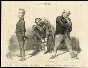 Kuvitus Charles Vernier (? -1887) Le Charivarissa - Tasavallan presidentti, Ministere, Nojatuoli (vallan symboli) - Napoleon III, Barrot Odilon (1791-1873), Ministeri, Faucher Leon (1803-1854) tekijältä Charles Vernier