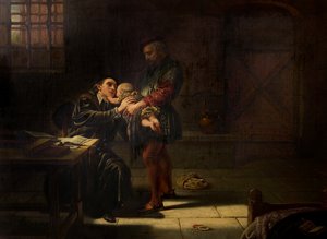 Laurence Saundersin marttyyrikuolema Coventryssa, keskellä, käsitaulu, triptyykki, 1851