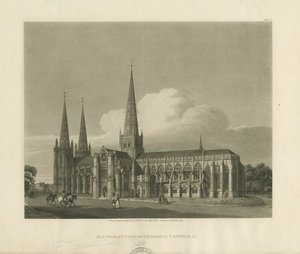Lichfieldin katedraali - Kaakkoisnäkymä: akvatintakaiverrus, 1813 tekijältä Charles Wild