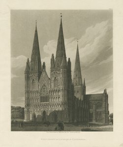 Lichfieldin katedraali - Länsirintama: akvatintakaiverrus, 1813 tekijältä Charles Wild