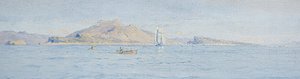 A Sunny Day off the Coast, Villefranche sur Mer, n. 1885 (öljy kankaalle asetettuna) tekijältä Charles William Wyllie