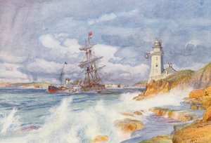 Falmouthin sataman sisäänkäynti (värilitro) tekijältä Charles William Wyllie