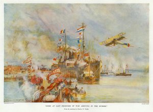 Viimein kotiin - Sotavangit saapuvat Humberiin (värilitho) tekijältä Charles William Wyllie