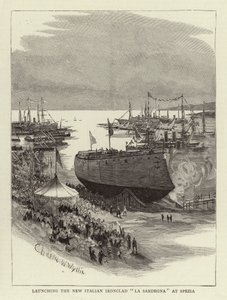 Uusi italialainen Ironclad La Sardegna lanseerataan Speziassa tekijältä Charles William Wyllie