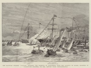Egyptiläinen höyrylaiva Fayoum saapuu Alexandrian satamaan Khediven kanssa rannikkovartiosteilijöiden saattajana palatessaan Konstantinopolista tekijältä Charles William Wyllie