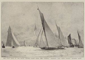 Royal Thames Yacht Clubin ensimmäinen kilpailu, Iverna, Meteor ja Maid Marian juoksevat kotiin tekijältä Charles William Wyllie