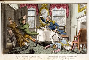 Hänen silmänsä välähti kuihtuvan katseen ... julkaisusta Postikapteenin seikkailut, laivaston upseeri, pub. 1820 (käsinvärinen akvatinta)
