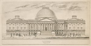 Capitol, Washington, D.C., kaiverrettu Henry ja James Stone (kukoistanut 1822-1849), 1826 (akvatintta ja viivakaiverrus paperille). tekijältä Charles after Bulfinch