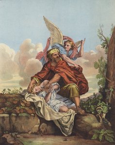 Enkeli puuttuu asiaan estääkseen Abrahamia uhraamasta poikaansa Iisakin tekijältä Charles after Le Brun