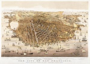 San Franciscon kaupunki, lintuperspektiivinäkymä lahdelta lounaaseen, julkaisija Currier & Ives tekijältä Charles Richard Parsons