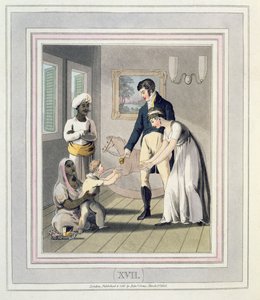 Eurooppalainen nainen ja hänen perheensä, mukana ayah eli sairaanhoitaja, levy 17 julkaisusta "The European in India", julkaistu 1813 (käsinvärinen akvatinta)