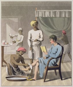 Pukeutuva herrasmies ja hänen päähenkilönsä sekä muita palvelijoita, kuva 4 teoksesta "The European in India", julkaistu 1813 (käsinvärjätty akvatintta).