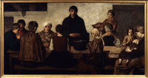 Benedicite-perhe rukoilee pöydässä. Charles Groux dit Degroux