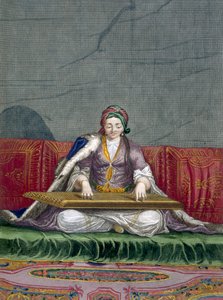 Turkkilainen tyttö soittamassa kosketinsoittimella, pubissa. 1707-08. tekijältä Charles de Ferriol