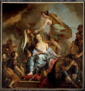 Iphigenien uhri kuningas Agamemnon uhraa tyttärensä lievittääkseen Artemiksen vihaa. Charles de Lafossen (1636-1716) maalaus 1600-luvun su. 2,24x2,12 m