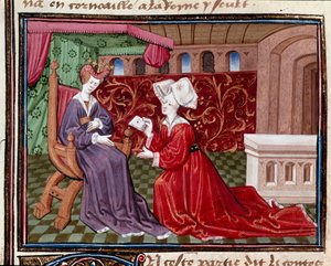 Palvelija, jolla on kirje Queen Iseultille (tai loukkaukselle) Miniatyyri, joka on otettu Mainen mestari Charlesin "" Romanesque du Chevalier Tristan -kirjasta" 1440-1460. Chantilly, Conde-museo